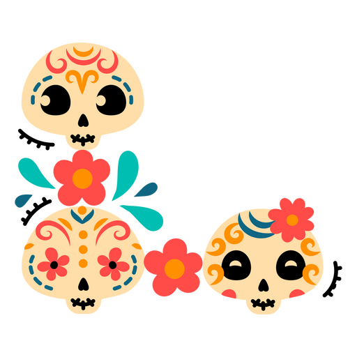 Tres calaveras de az?car con flores. Diseño PNG