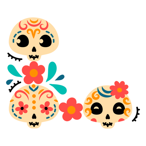 Three sugar skulls with flowers PNG Design