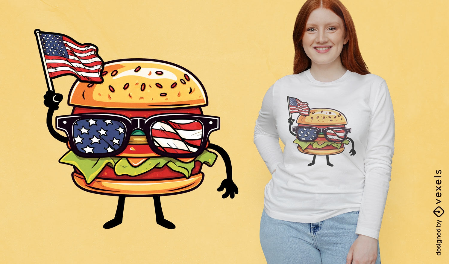 Design de camiseta com personagem de hambúrguer patriótico