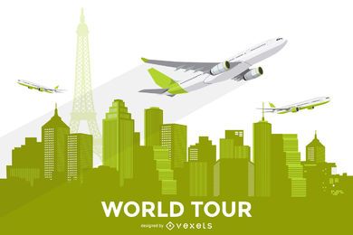 City skyline with plane illustration City skyline with plane illustration