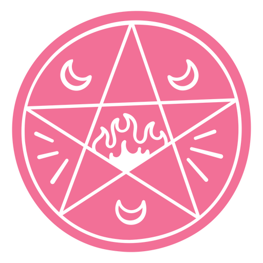 Pentagrama rosa con dos lunas y fuego en el medio. Diseño PNG