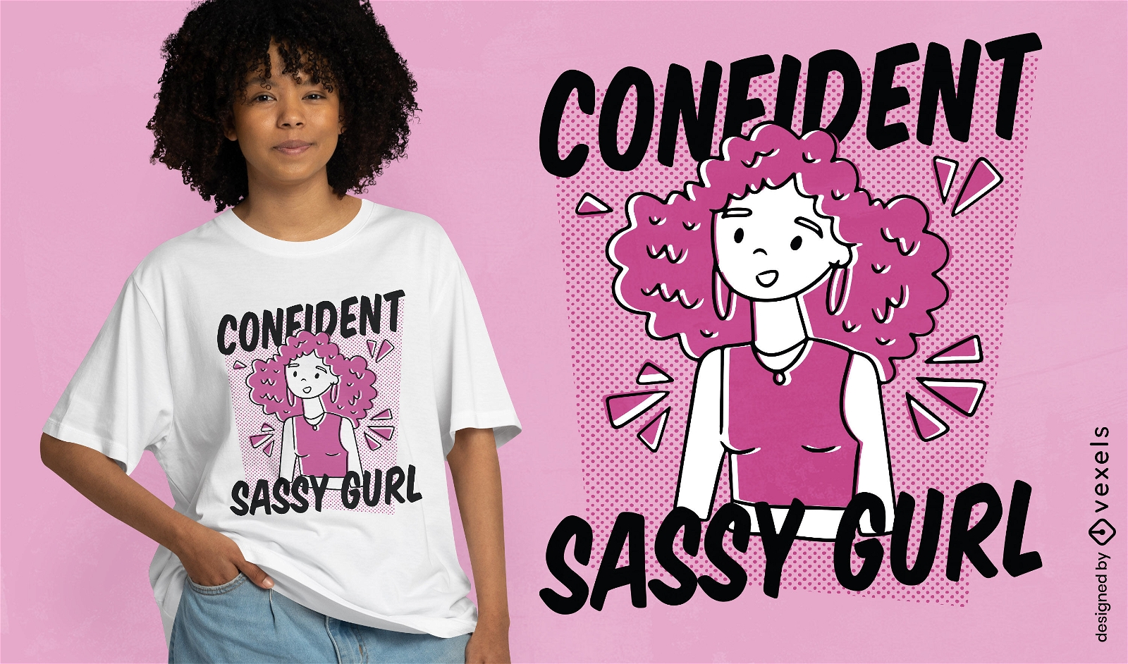 Design de camiseta de garota confiante de desenho animado rosa