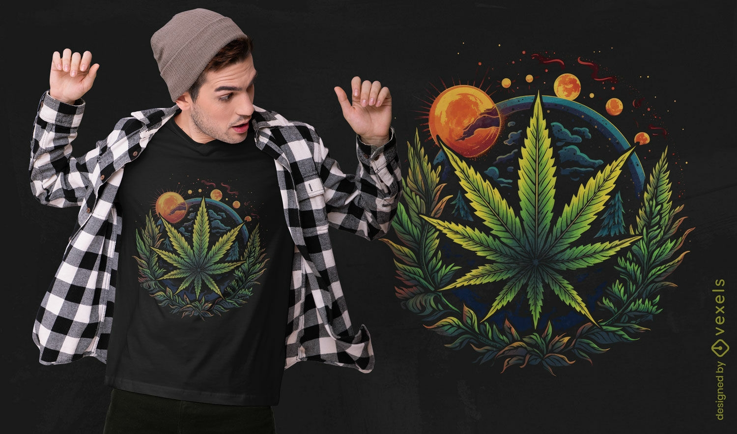 Design cósmico de camiseta com folha de cannabis