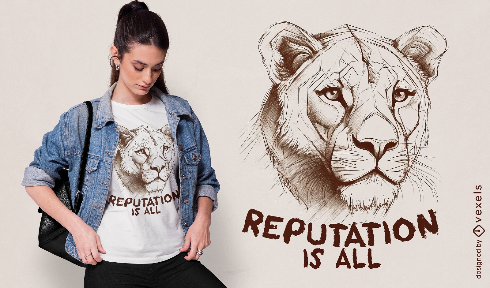 Diseño de camiseta dibujada a mano animal leona