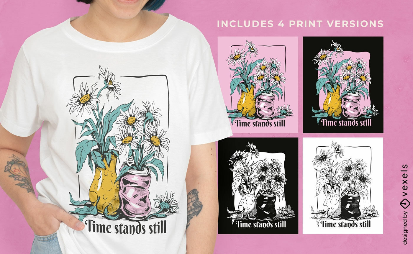 Diseño de camiseta de jarrones de flores múltiples versiones.