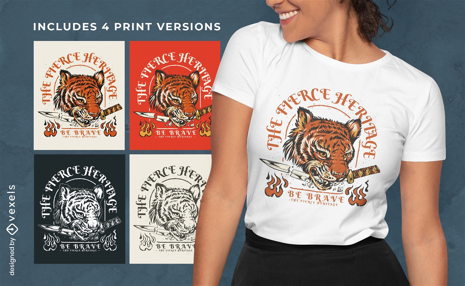 Tigre con un cuchillo, diseño de camiseta, variaciones de color.