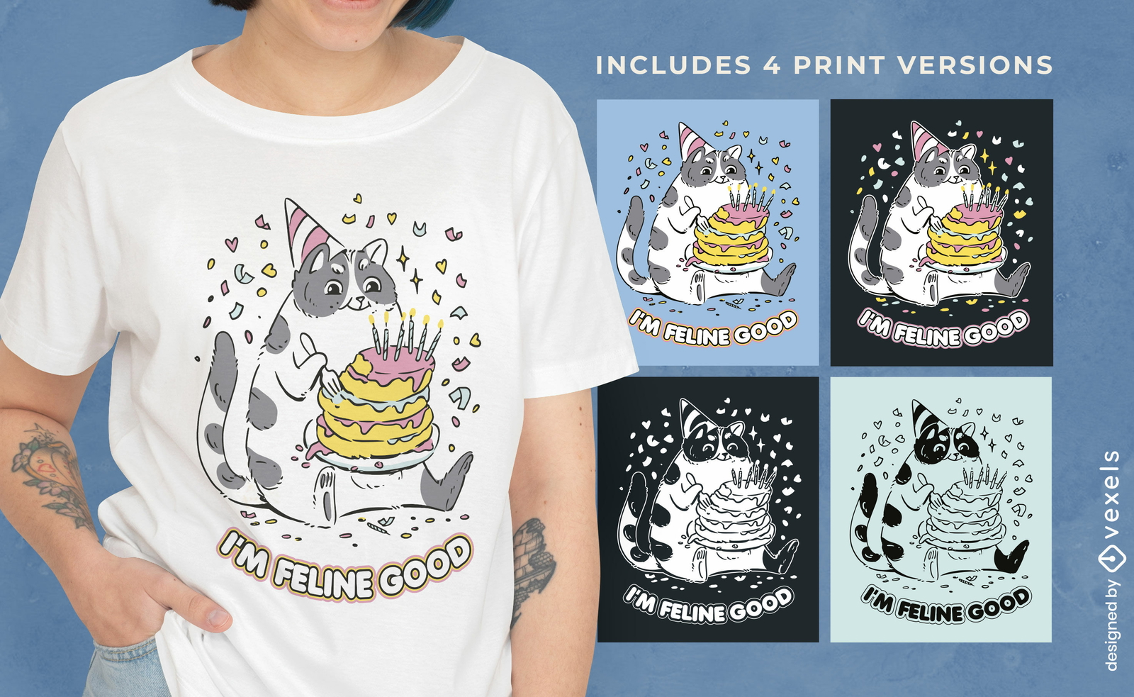 Diseño de camiseta de cumpleaños de gato multicolor