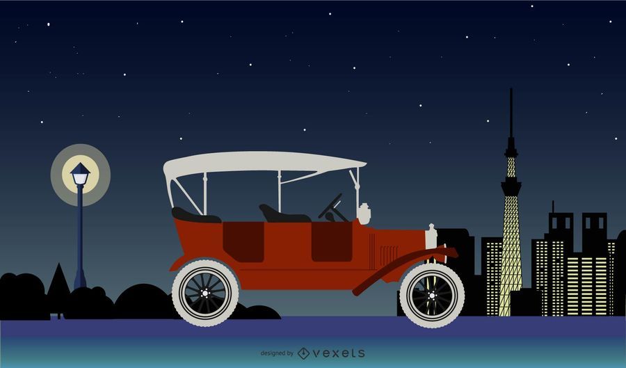 City Street Vector Art with Vintage Cars City Street Vector Art with Vintage Cars