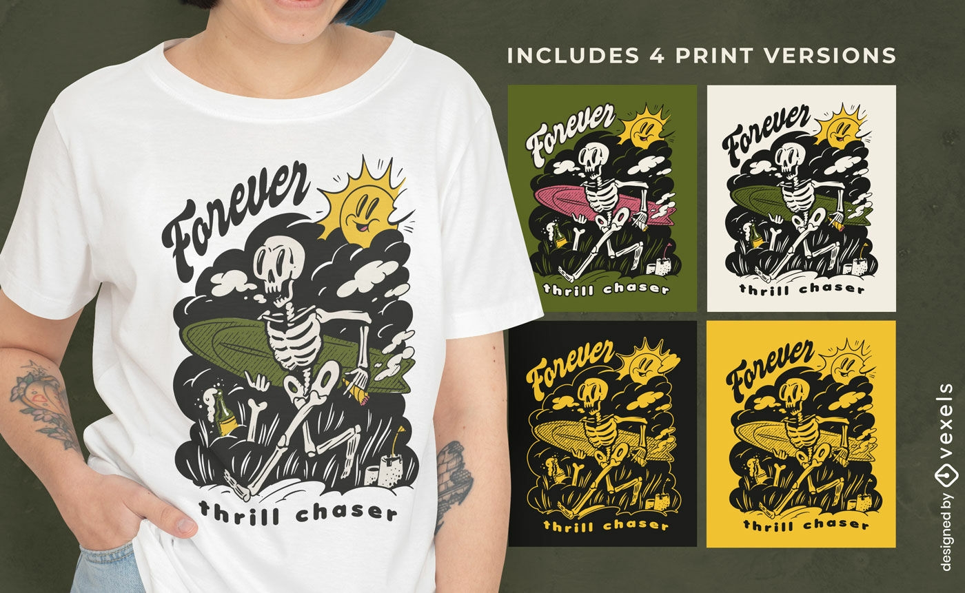 Variações de cor de design de camiseta de surf de esqueleto