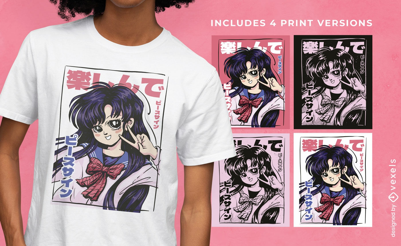 Anime-Studentenm?dchen-T-Shirt-Design mehrfarbig
