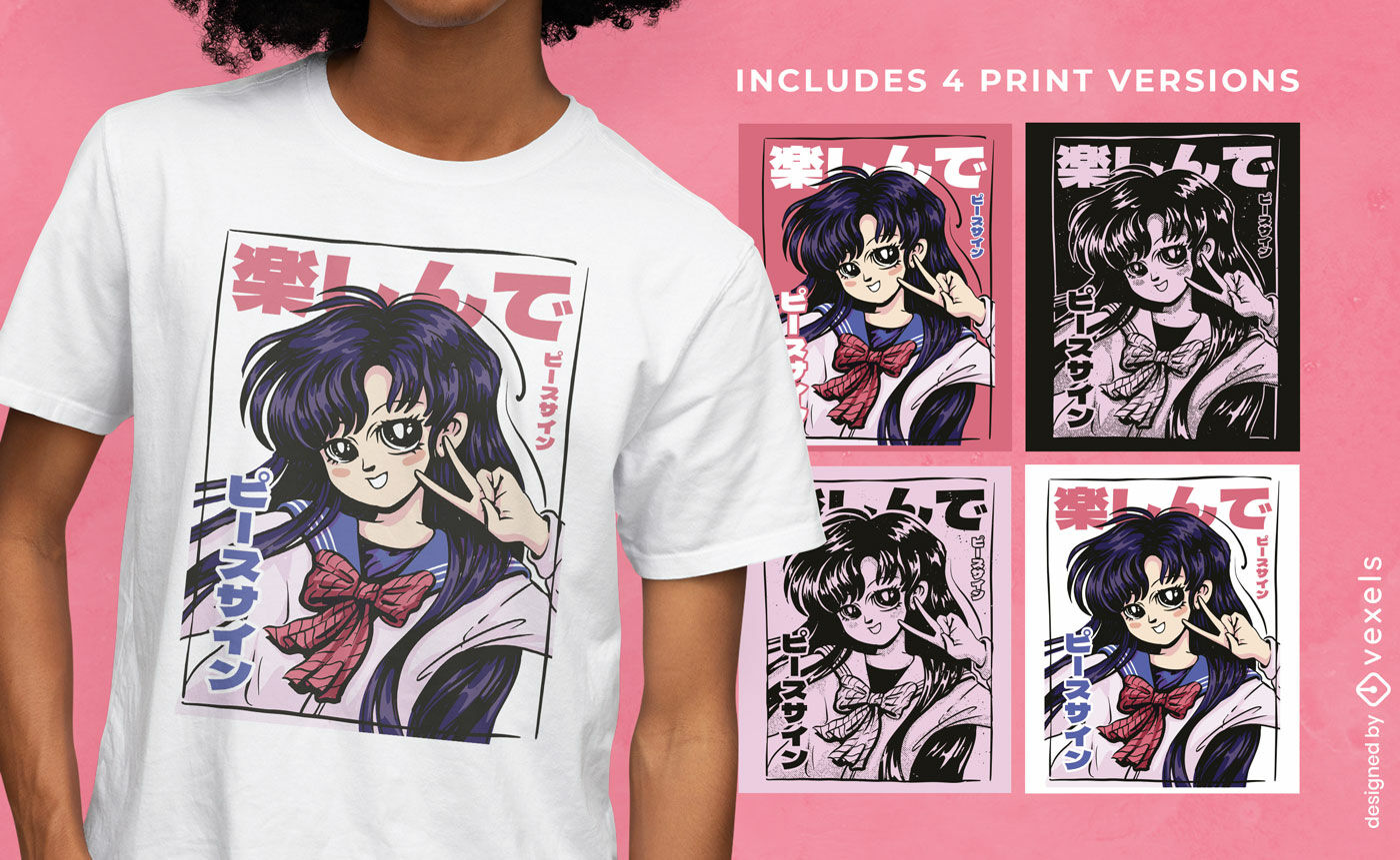 Diseño de camiseta de chica estudiante de anime multicolor