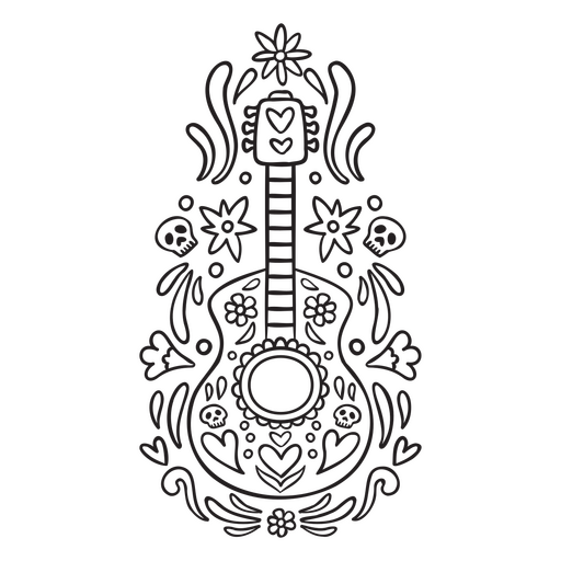 Guitarra acústica en blanco y negro. Diseño PNG