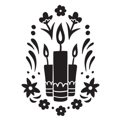 Schwarz-weiße Kerze mit Blumen PNG-Design