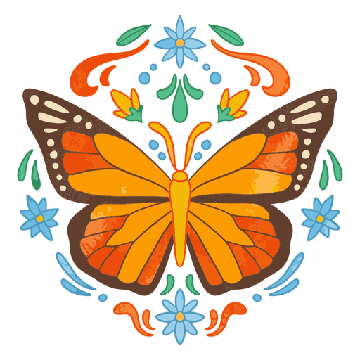 Ilustración de mariposa colorida con acentos florales Diseño PNG