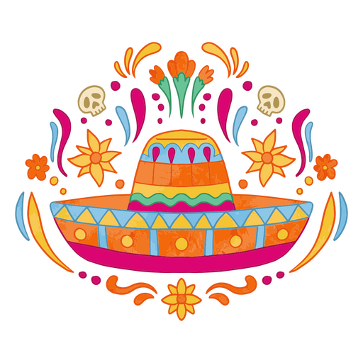 Bunte Sombrero und florale Verzierungen Illustration PNG-Design