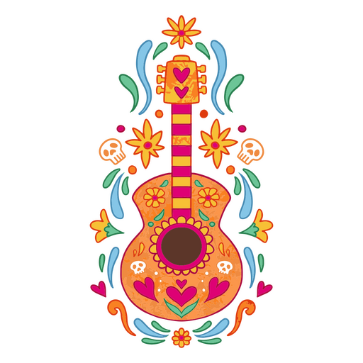 Vibrant floral guitar design with hearts and skulls PNG Design
