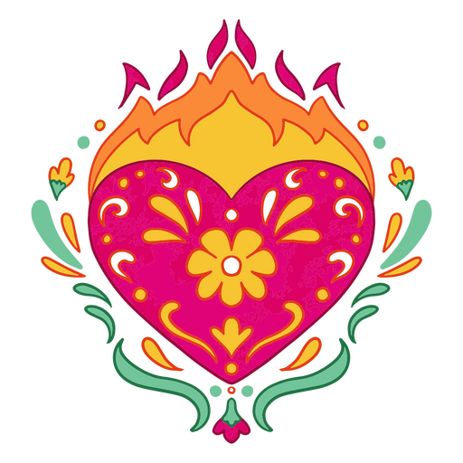 Design de coração vibrante com chamas e padrões florais Desenho PNG