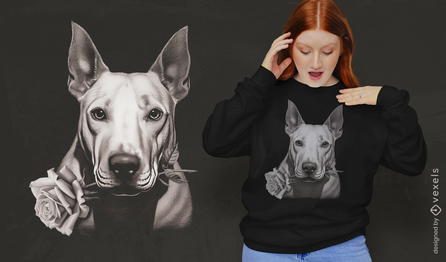 Bull terrier con diseño de camiseta rosa.