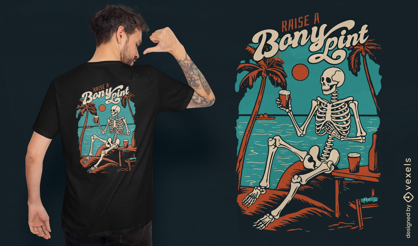 Diseño de camiseta esqueleto bebiendo cerveza en la playa.