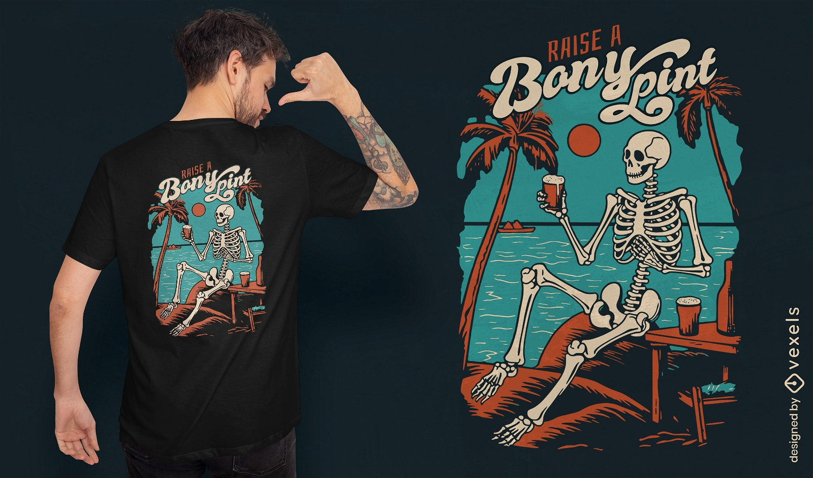 Esqueleto bebendo cerveja na praia com design de camiseta
