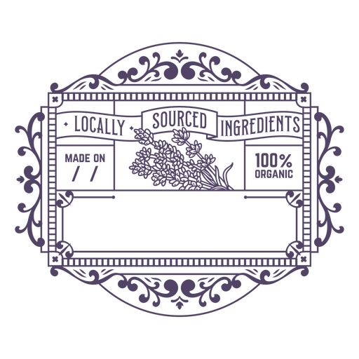 Ornate label with lavender flowers on it PNG Design