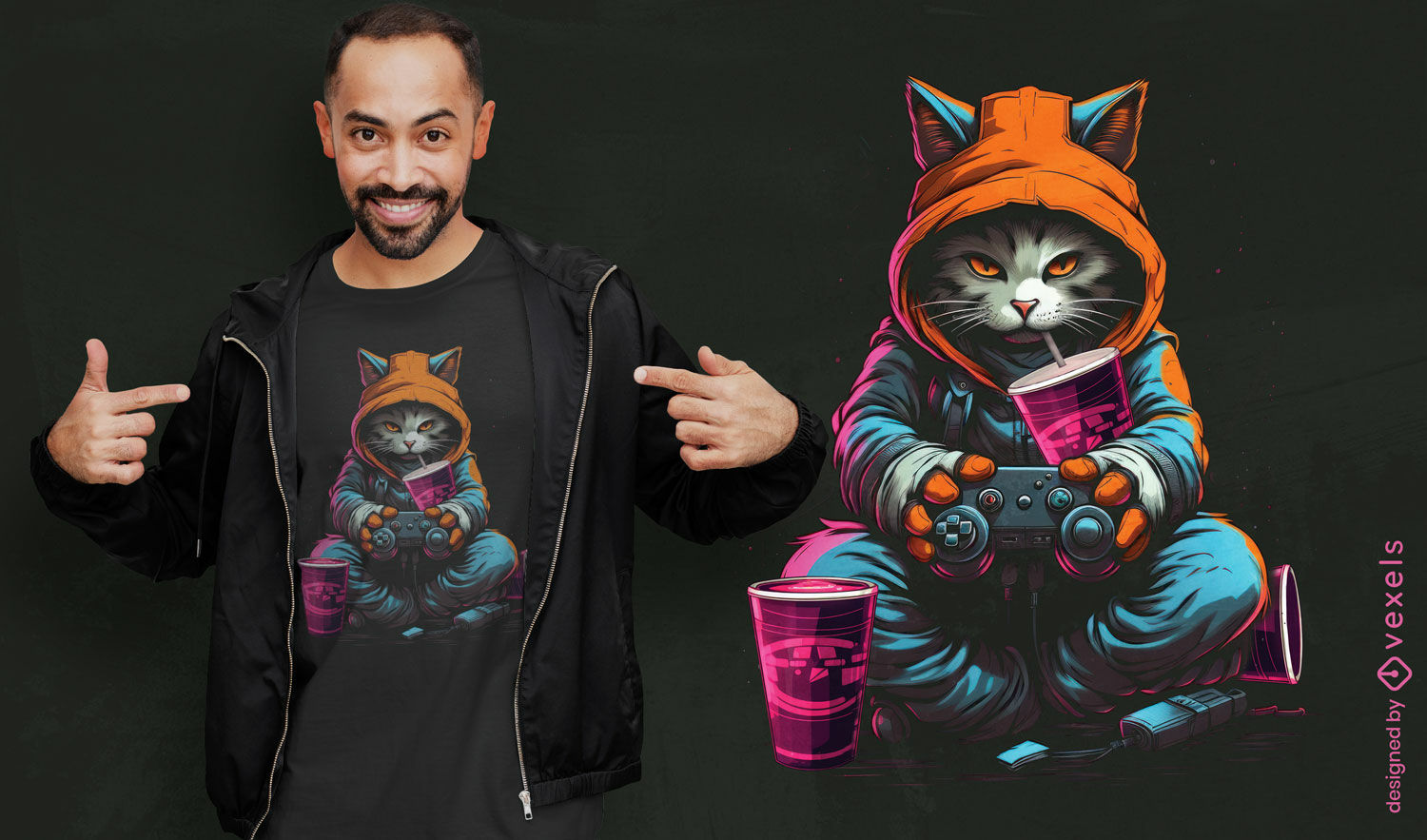 Diseño de camiseta con ilustración de gato gamer.