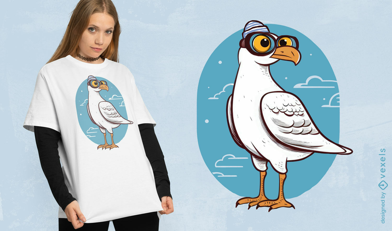 Diseño de camiseta de personaje gaviota con anteojos.