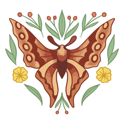 Design de camiseta com borboletas e flores em tons quentes e folhas Desenho PNG