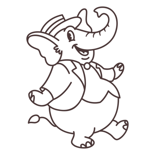 Desenho preto e branco de um elefante usando chapéu e gravata Desenho PNG