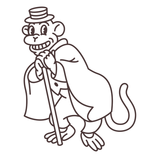 Dibujo en blanco y negro de un mono sosteniendo un bastón. Diseño PNG