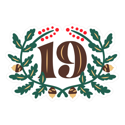 Pegatina con el número 19 y una corona de bellotas. Diseño PNG