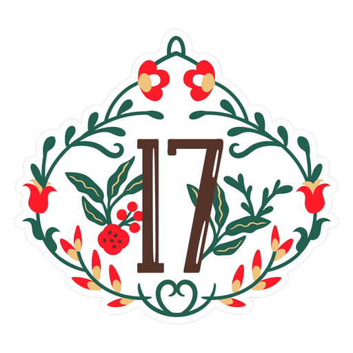 Pegatina con el número 17 con diseño floral. Diseño PNG