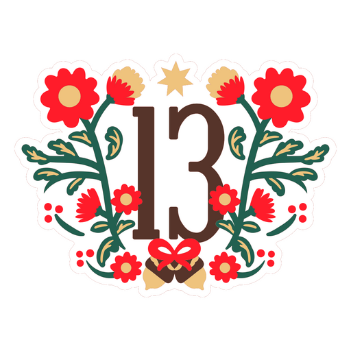 Pegatina con el número 13 y flores. Diseño PNG