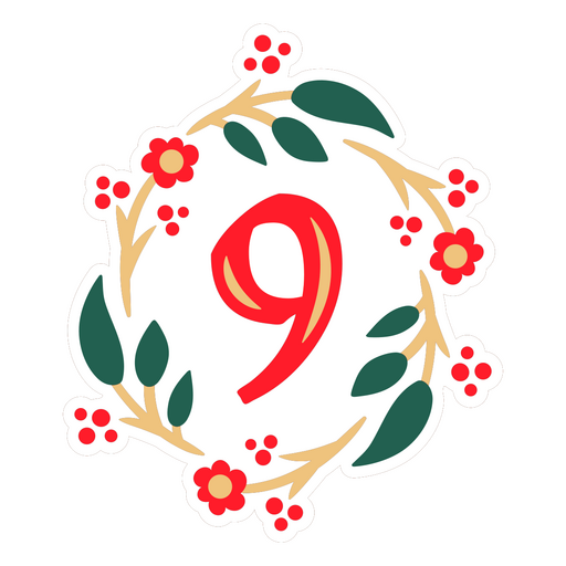 Aufkleber mit der Zahl Neun in einem Blumenkranz PNG-Design