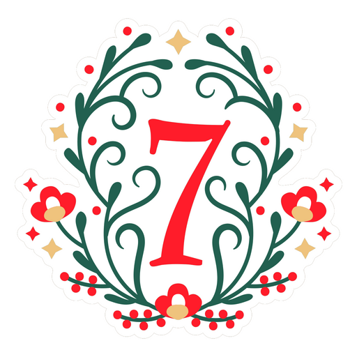 Pegatina con el número siete en una corona de flores. Diseño PNG