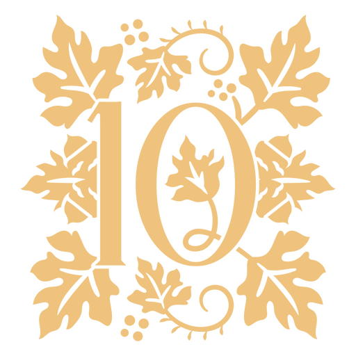 El número 10 con hojas y enredaderas. Diseño PNG