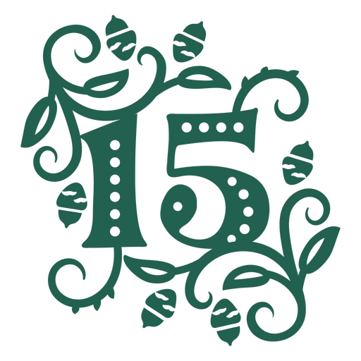El número 15 en verde con hojas y enredaderas. Diseño PNG