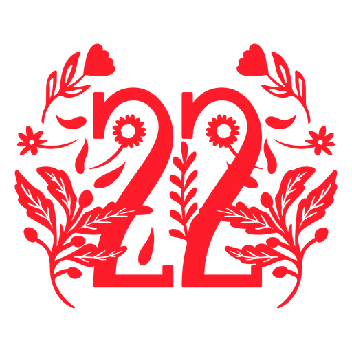 El número 22 con flores y hojas. Diseño PNG