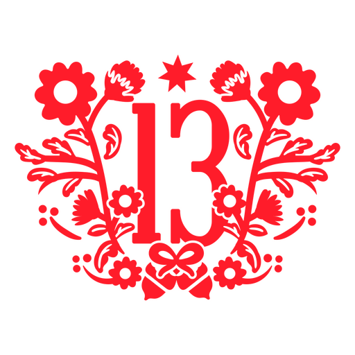Die Zahl 13 in Rot mit Blumen darum herum PNG-Design