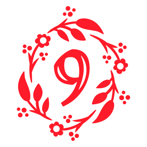 El número nueve en una corona de flores rojas. Diseño PNG