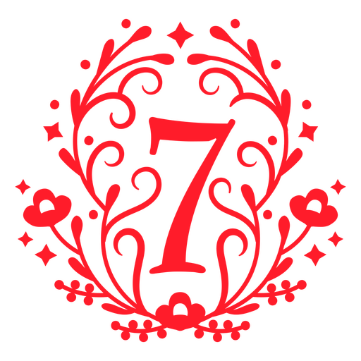 Red number seven in a floral wreath PNG Design