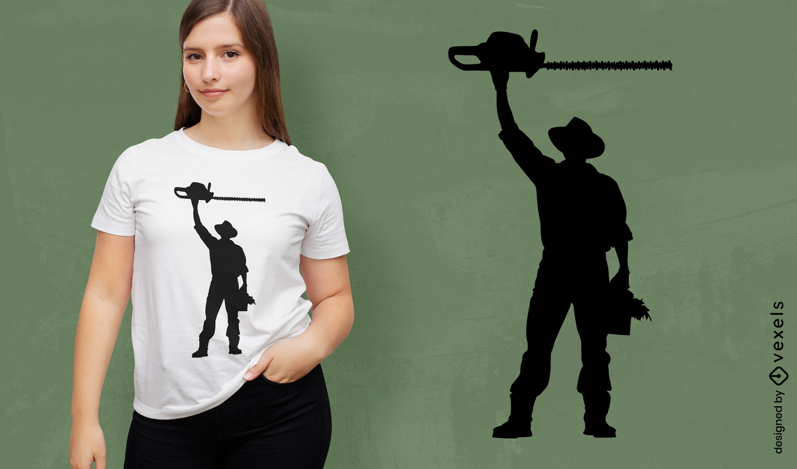 Silhouette eines Mannes mit einem Kettensägen-T-Shirt-Design