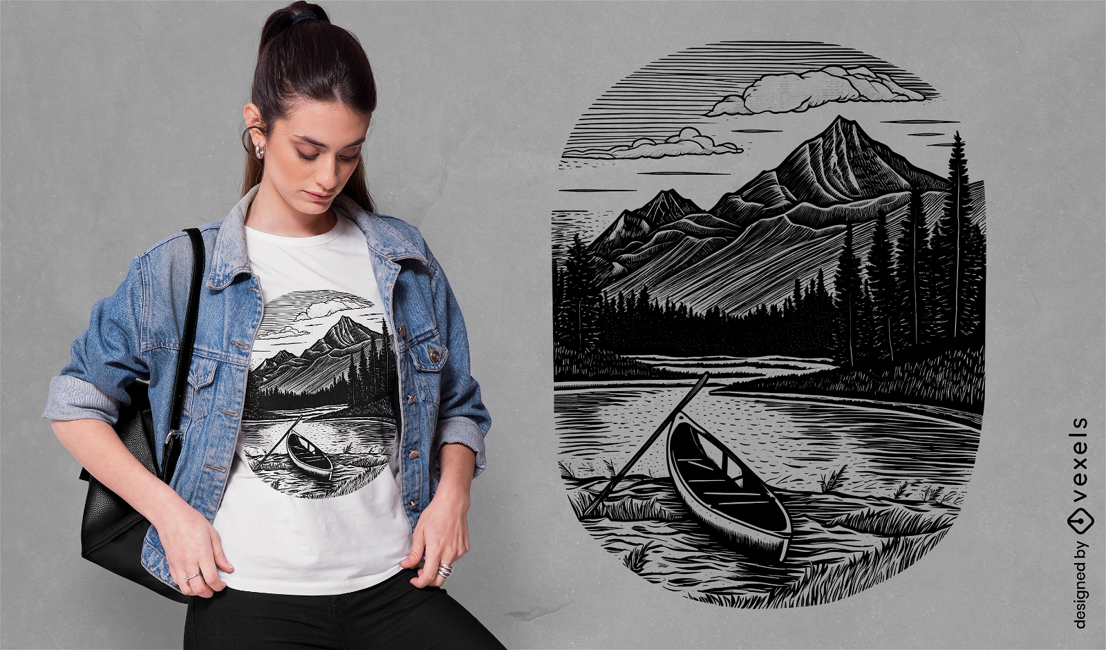 Design de camiseta de paisagem de rio de canoa