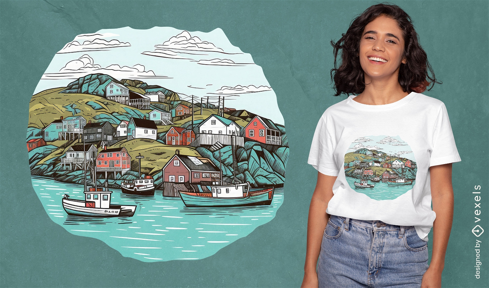 Diseño de camiseta de ilustración de pueblo pesquero