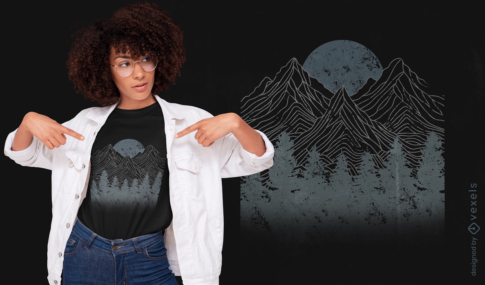 Diseño de camiseta angustiada luna y montañas.