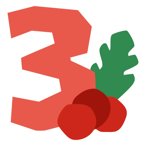 El número 3 con frutos rojos y hojas. Diseño PNG