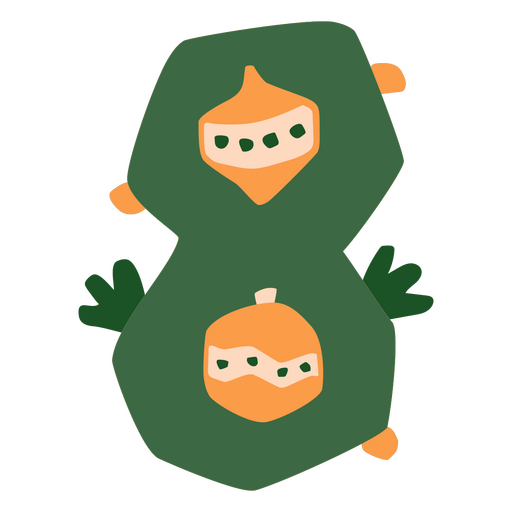 Personaje de dibujos animados verde con dos naranjas en la cabeza. Diseño PNG