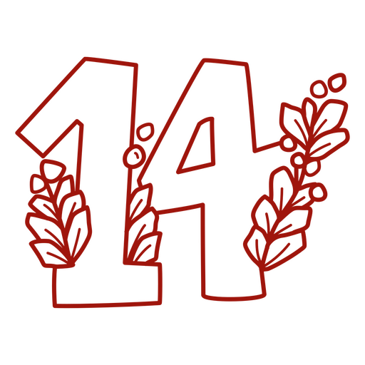El número 14 en rojo con hojas. Diseño PNG