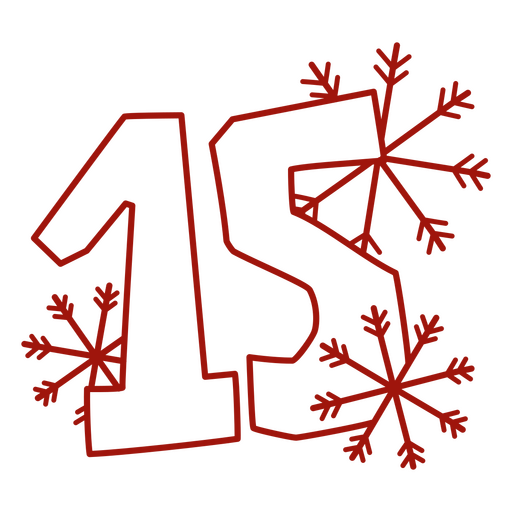 Número 15 rojo y copos de nieve. Diseño PNG