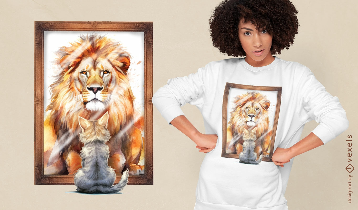 Diseño de camiseta reflejo de gato y león.